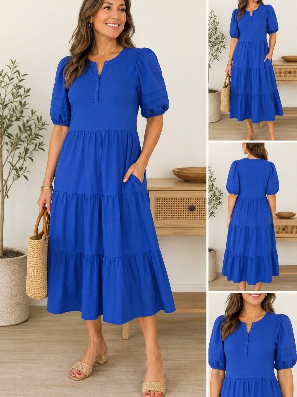 Chico's Size 2 L Cobalt Blue Puff Sleeve Tiered Midi Dress Cotton Blend